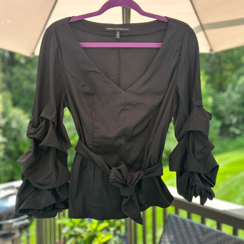 White House Black Market Black Ruffle Sleeve Blouse